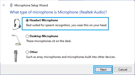 Select Type of Microphone to Setup option in Windows