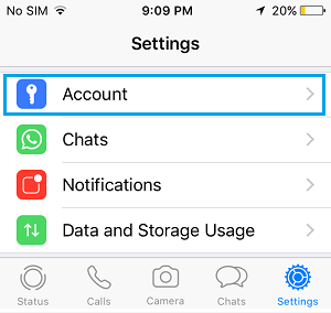 Account Option in WhatsApp Settings Screen on iPhone