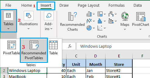 Insert Recommended Pivot Table in Excel 