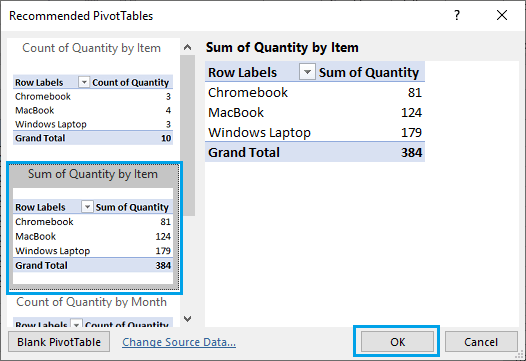 Select Recommended Pivot Table in Excel