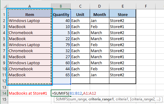 Select Criteria Range1 in Excel SUMIFS Function