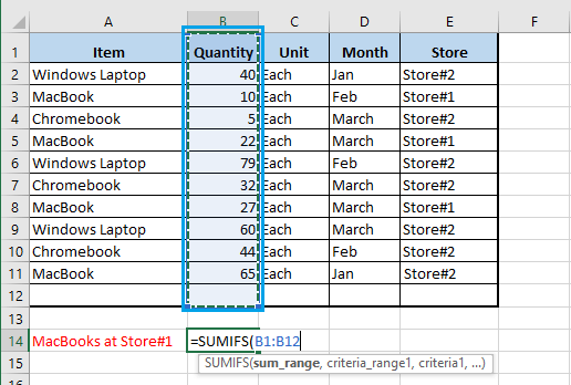 Select Sum Range in Excel SUMIFS Function