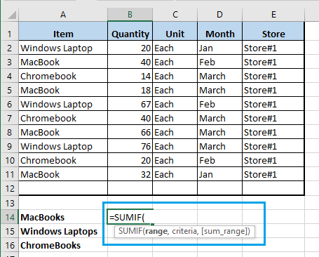 SUMIF Function Syntax Provided by Excel