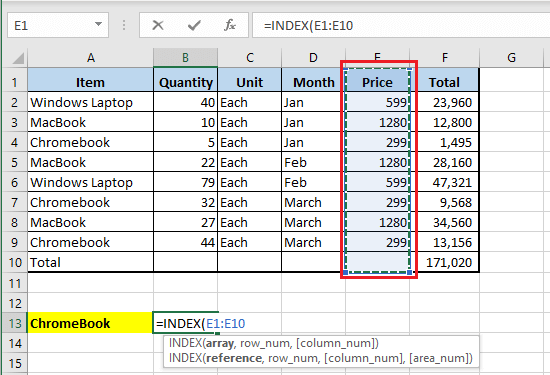 Select Array For INDEX Function in Excel