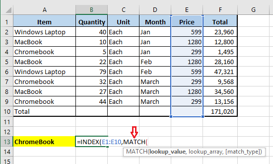 Start MATCH Function in Excel