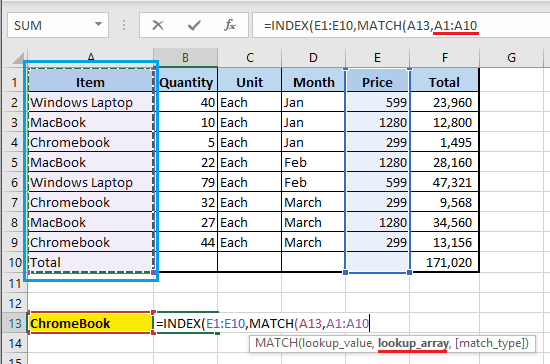 Enter MATCH Function Lookup Array