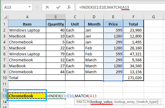 Enter MATCH Function Lookup Value