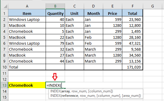 Syntax of INDEX Function in Excel