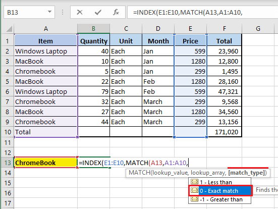 Select Match Type in Excel MATCH Function 