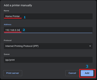 Add Printer Manually Screen in Chromebook