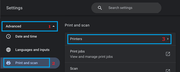 Printers Setting Option on Chromebook 