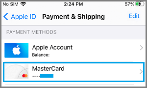 Listed Payment Methods on iPhone