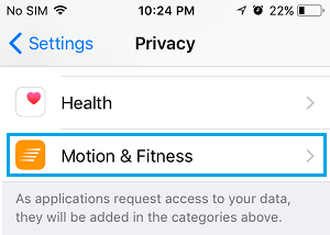 Motion and Fitness Settings Option on iPhone