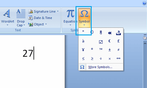 Microsoft Word Insert Symbols Tab