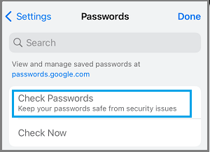 Check Passwords Option in Chrome App