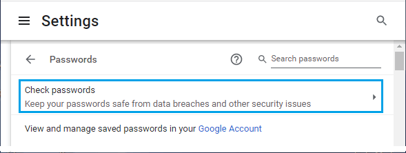 Check Passwords Option in Chrome