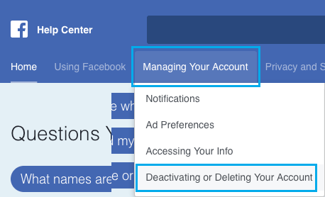 Deactivating or deleting your account Option in Facebook on PC or Mac