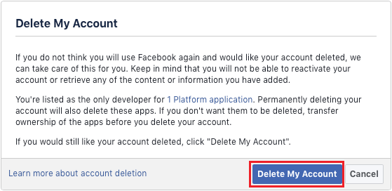 Кнопка «Удалить мою учетную запись» в Facebook на ПК или Mac