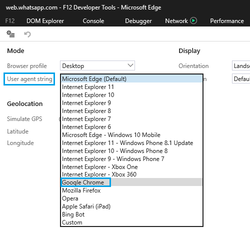 Change Developer Tools User Agent Value