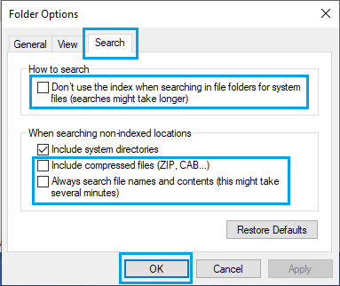 Search Tab in Windows Folder Options