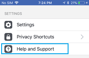Опция справки и поддержки в Facebook на iPhone