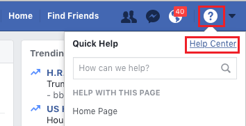 Help Center Option in Facebook on PC and Mac