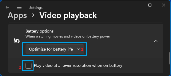 Optimize Video Playback Settings Screen in Windows 11