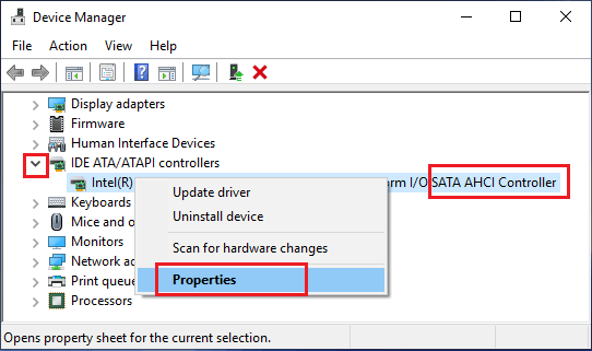 Open Standard SATA AHCI Controller Properties