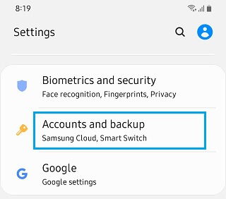 Accounts and Backup Option Android Phone