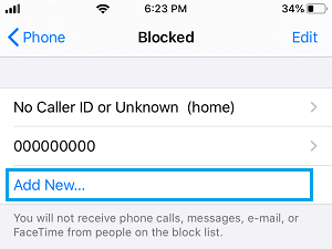 Add New Blocked Number on iPhone