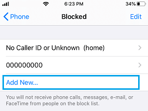 Add New Blocked Contact on iPhone