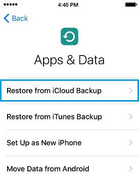 Restore From iCloud Backup Option on Apps and Data Screen