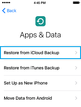 Restore From iCloud Backup Option on iPhone