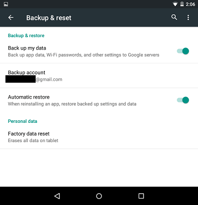Android Backup And Reset Screen