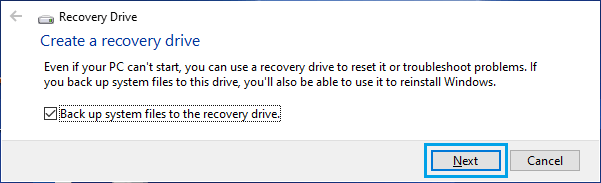 Create Recovery Drive Screen in Windows