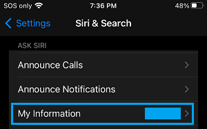 My Information Tab on iPhone Siri Settings Screen