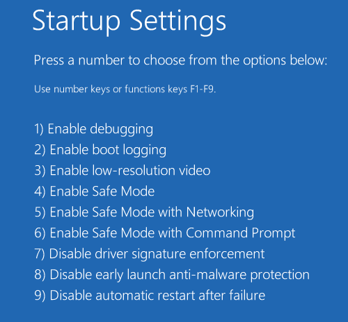 Start Up Settings Screen With Various Startup Options