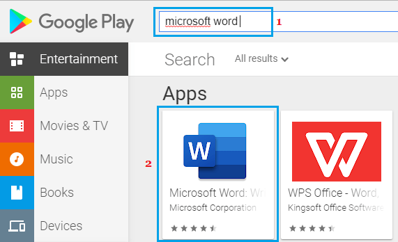 Search Microsoft Word on Google Play Store