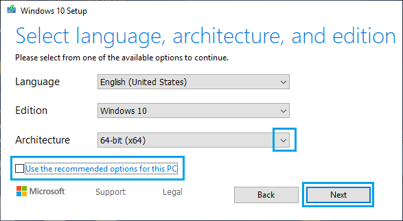Select Windows Language, Architecture and Edition