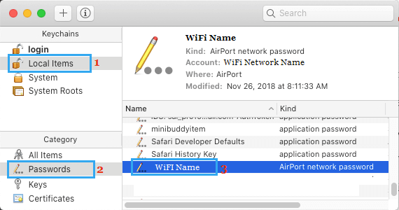 WiFi Network Name on Keychain Local Items Screen