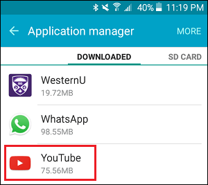 YouTube in Application List on Android Phone