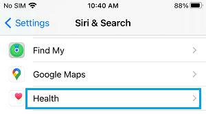 Apps on Siri and Search Settings Screen on iPhone