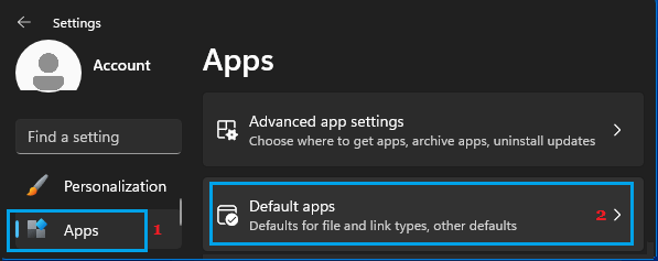 Default Apps Settings Tab in Windows 11