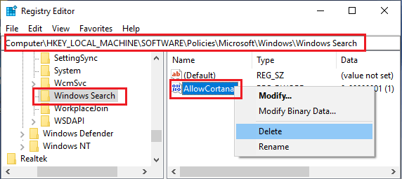 Delete AllowCortana DWORD