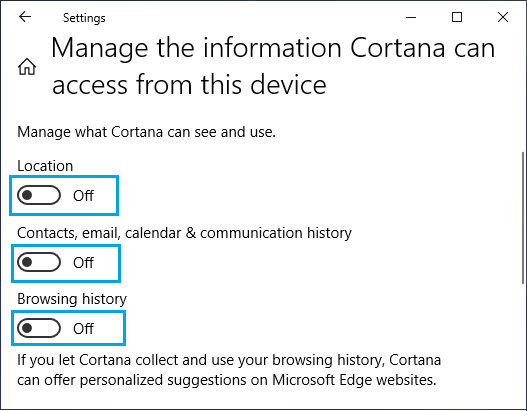 Disable Location, Contacts, Browsing History Collection by Cortana