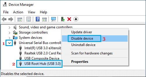 Disable Root Hub Using Windows Device Manager