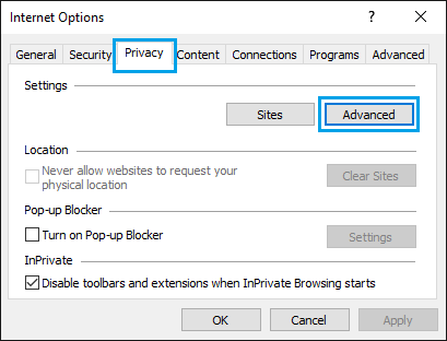 Internet Explorer Advanced Privacy Options