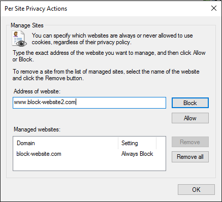 Disable Cookies For Certain Sites on Internet Explorer