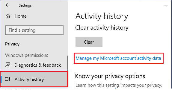 Manage My Microsoft Account Activity Data Option in Windows 10