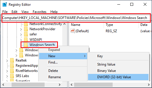 Create New DWORD in Windows Search Folder